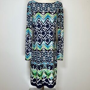 Vince Camuto Blue And Green Geometric Print Long Sleeve Dress Women’s Size 10